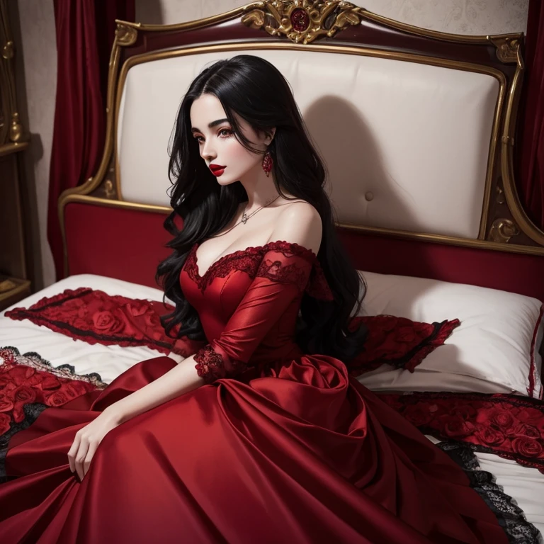 Black-haired woman in red dress lying on a bed with red rose petals, Retrato de Kim Petras, ava max, Maria Jane Ansell, retrato editorial, fotografia editorial, vermelho rico, foto de retrato, fada das flores, rosas vermelhas , sexy red lips, menina com cabelo preto o, red lips, imagem editorial, Sergey Zabelin, retrato das flores, menina usa um vestido vermelho