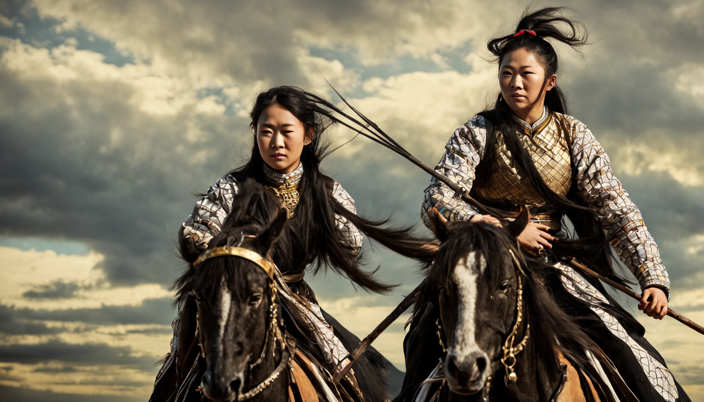 Tiro longo hiper realista. Khutulun Mongol Princesa, Poderoso e determinado, Luta, vasta paisagem mongol, beijado pelo sol, showcasing their unmatched strength and resilience. --V 5 --com 16:9 --q 1