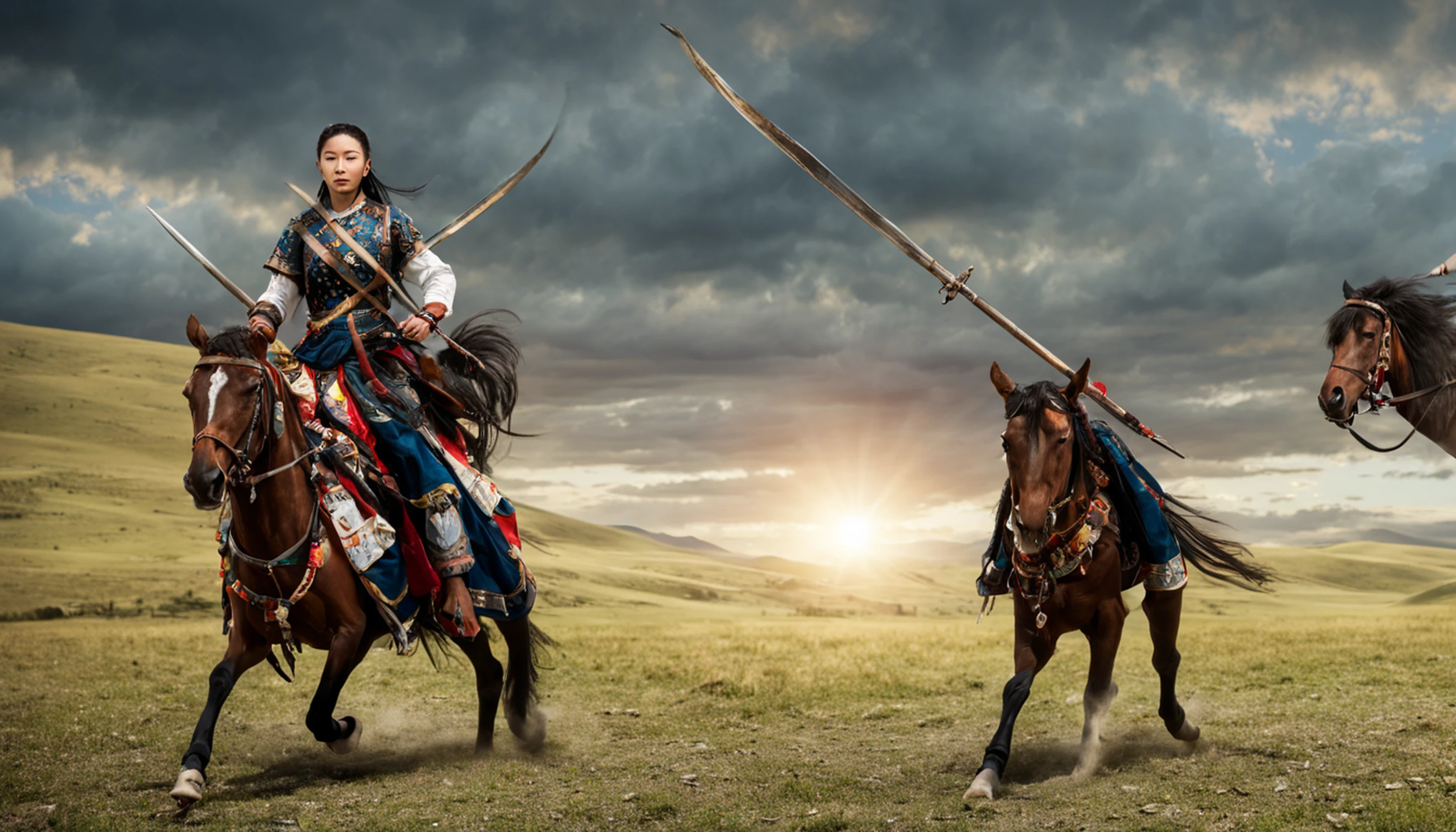 Tiro longo hiper realista. Khutulun Mongol Princesa, Poderoso e determinado, Luta, vasta paisagem mongol, beijado pelo sol, showcasing their unmatched strength and resilience. --V 5 --com 16:9 --q 1