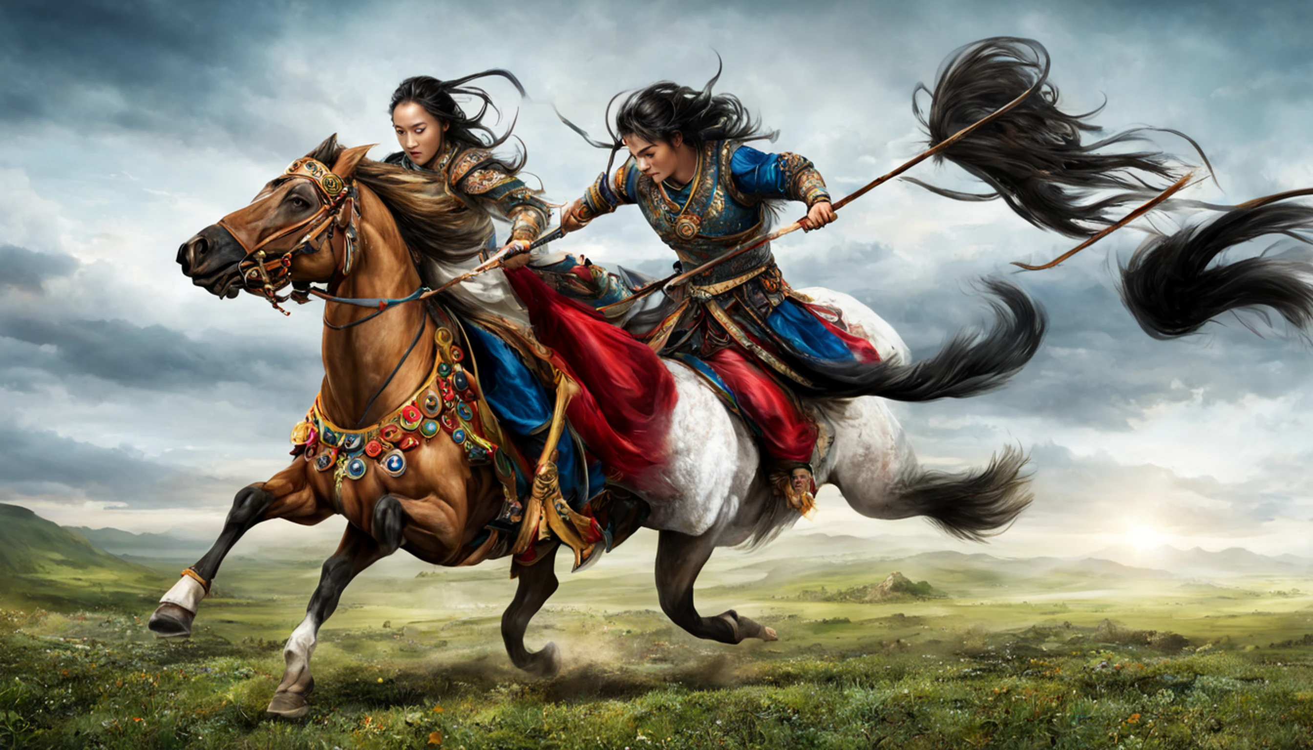 Tiro longo hiper realista. Khutulun Mongol Princesa, Poderoso e determinado, Luta, vasta paisagem mongol, beijado pelo sol, showcasing their unmatched strength and resilience. --V 5 --com 16:9 --q 1