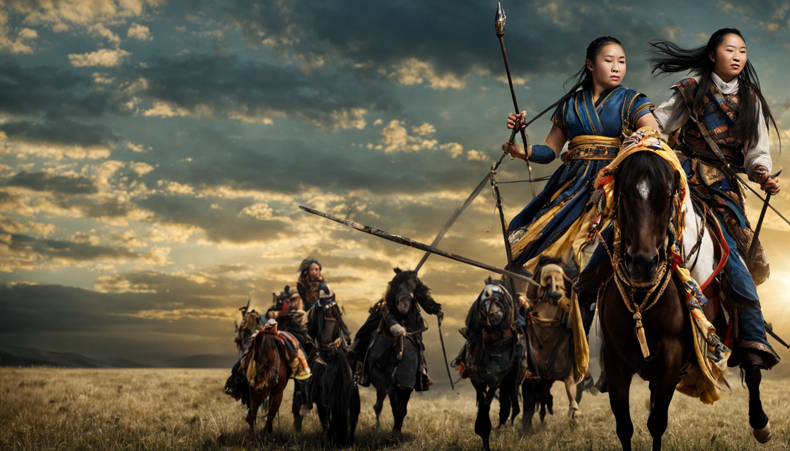 Tiro longo hiper realista. Khutulun Mongol Princesa, Poderoso e determinado, Luta, vasta paisagem mongol, beijado pelo sol, showcasing their unmatched strength and resilience. --V 5 --com 16:9 --q 1