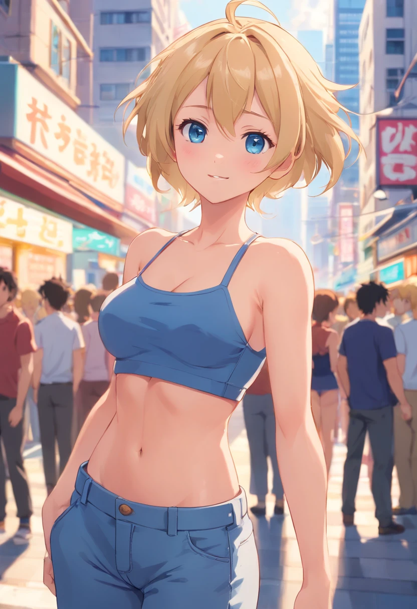 1girl, blue eyes, blonde hair, topless, pants, standing, city, crowds, (perky breasts:1.3), standing, (triceps:1), (biceps:1), (abs:1), (deltoids:1), smirk, (wide hips:1.3), (:1)