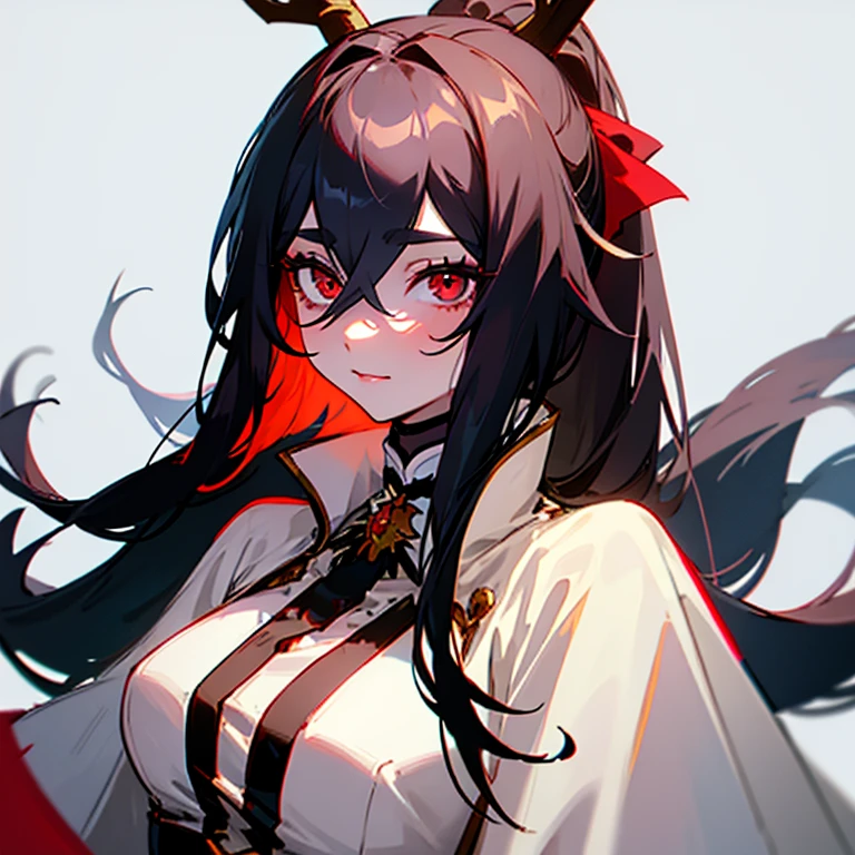 1girl, solo, upper body, mature, mature female, milf, black hair, long hair, hair ribbon, black eyes with red pupils, long eyelashes, thick eyelashes, looking at viewer, :3, white background, reindeer antlers, hair between eyes, white skin, extremely pale, thin eyebrows,