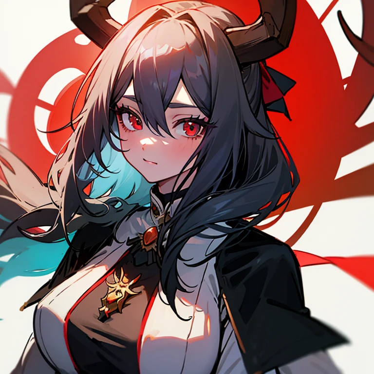 1girl, solo, upper body, mature, mature female, milf, black hair, long hair, hair ribbon, black eyes with red pupils, long eyelashes, thick eyelashes, looking at viewer, :3, white background, reindeer antlers, hair between eyes, white skin, extremely pale, thin eyebrows,