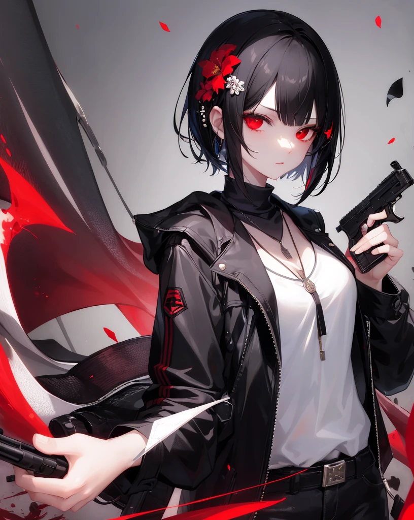 1girl, red eyes, black hair, weapon, gun, short hair, hair ornament, holding, holding weapon, looking at viewer, holding gun, solo, necklace, upper body, jacket, hair flower, jewelry, handgun, black jacket, closed mouth, aiming at viewer, long sleeves, flower