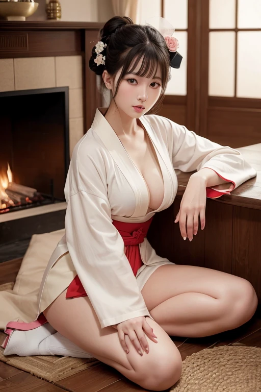 top-quality、masterpiece、gravure、Taisho Era、kimono、furr、4k、hight resolution、huge tit、Beautie、Idle face、fireplace、Fire Lamp