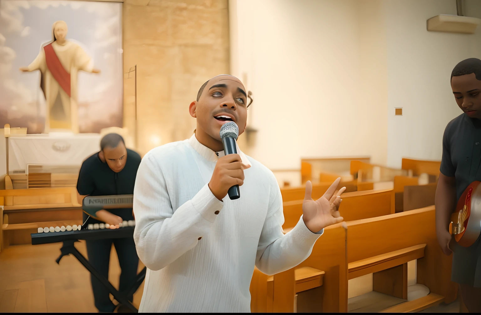 There's a man who's singing into the microphone in a church, album, na igreja, Apresentando-se no palco, live performance, singing for you, Executar, imaculadamente detalhado, Nyc, listening to godly music, adorar, album photo, no altar, Directed by: Nicholas Marsicano, cena da igreja, Album art, muito consistente, visually pleasing, Sf