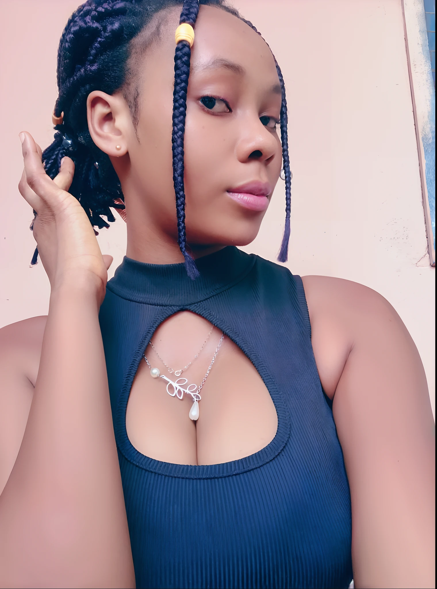 there is a woman with a very large breast and a very long braid, wears a egyptian ankh necklace, african domme mistress, very very low quality picture, light skinned african young girl, profile image, smooth in _ the background, leaked image, low quality photograph, black young woman, cleavage, neck chains, a beautiful young woman, scales on her chest