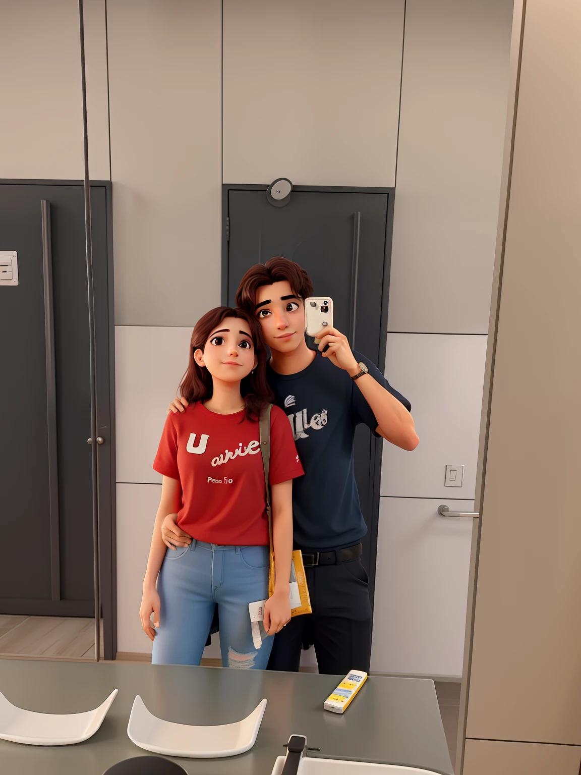 Um casal tirando foto no espelho