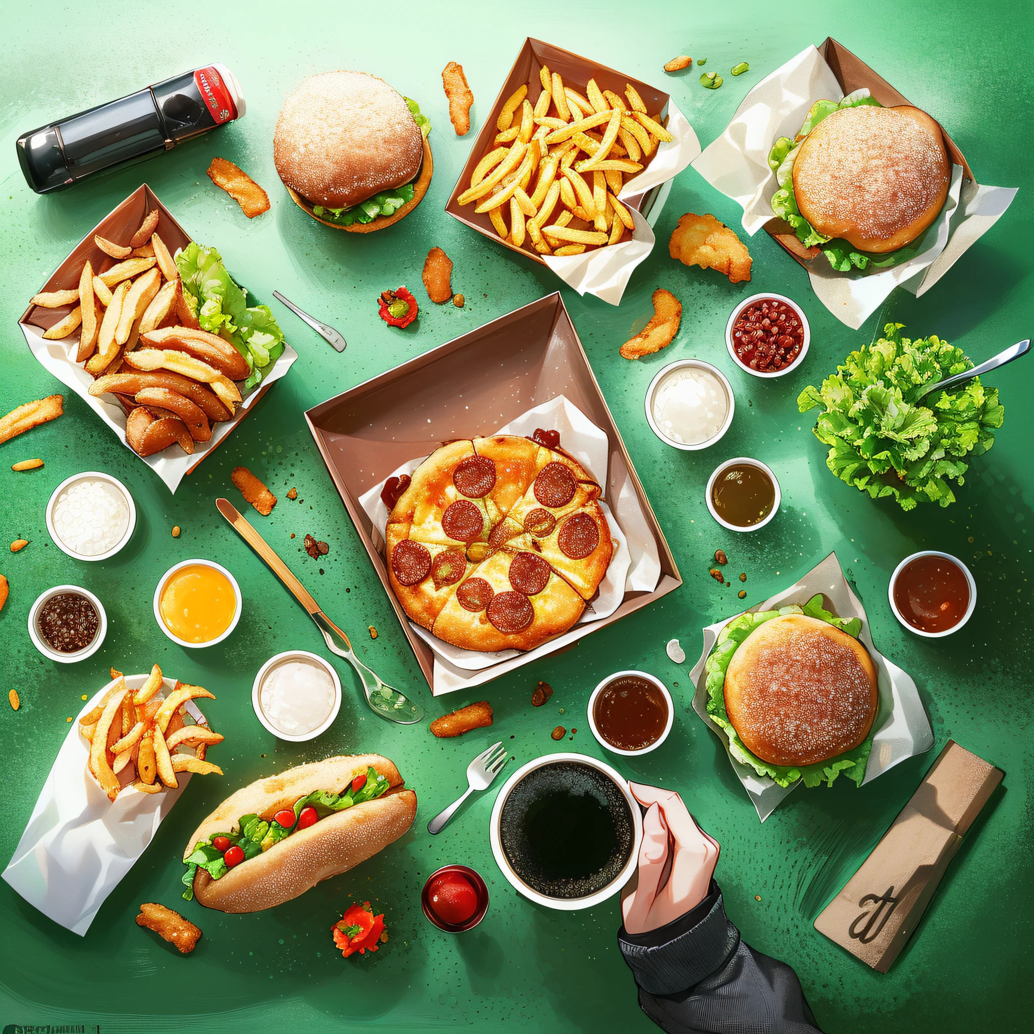 Arafed Pizza, batatas fritas, and other foods are laid out on a green table, Alimentos comerciais 4K, fast food review, fast food, Fotografia de comida de alta qualidade, propaganda de alimentos, Mukbang, fotografia profissional de alimentos, Fotografia de comida HD, imagem de comida super realista, amazing food photography, Fotografia de Alimentos, Fotografia de Comida 4K, ❤🔥🍄🌪