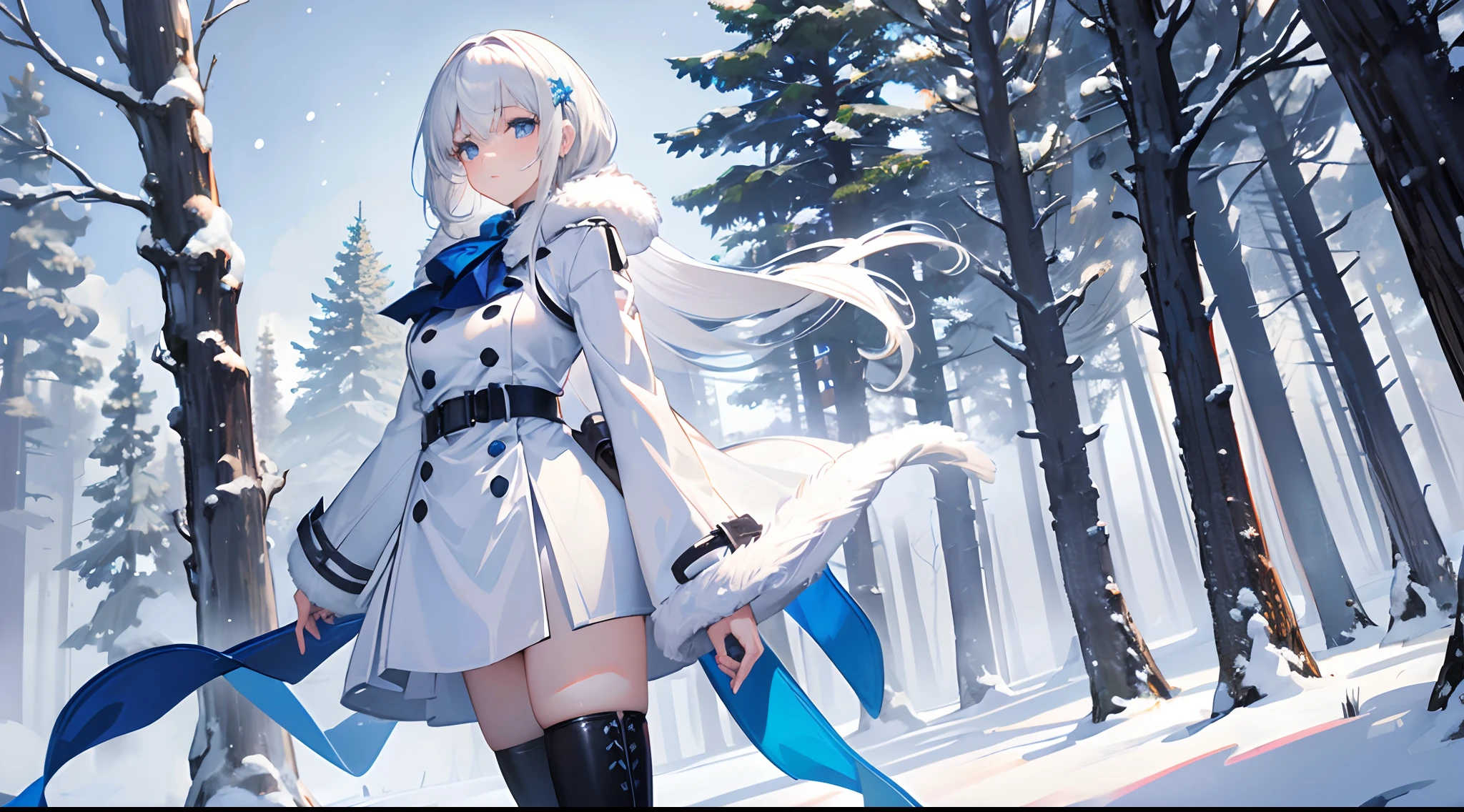 masterpiece,beautiful girl,white hair,middle hair,blue eyes,white wear,double breasted trench coat,globes,skirt with fur,wearing tights,long boots,snow,coniferous forest
