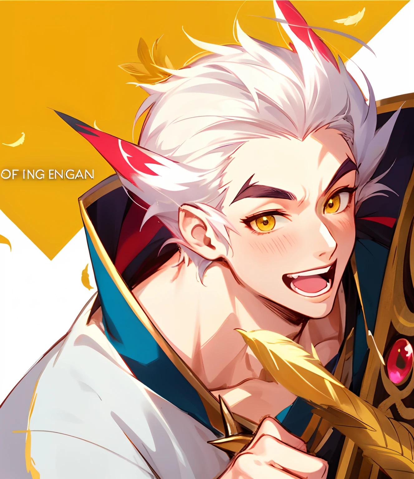 male character, 1boy, rakan white ears, white hair, hair pulled back, league of legends, onmyoji detailed art, Rakan from league of legends, pop, illustration, colorful, masterpiece, detailed, high quality, fancy character, excited, happy, yellow feathers, professional artwork, official art, fan art, fancy background, smiling, blush
