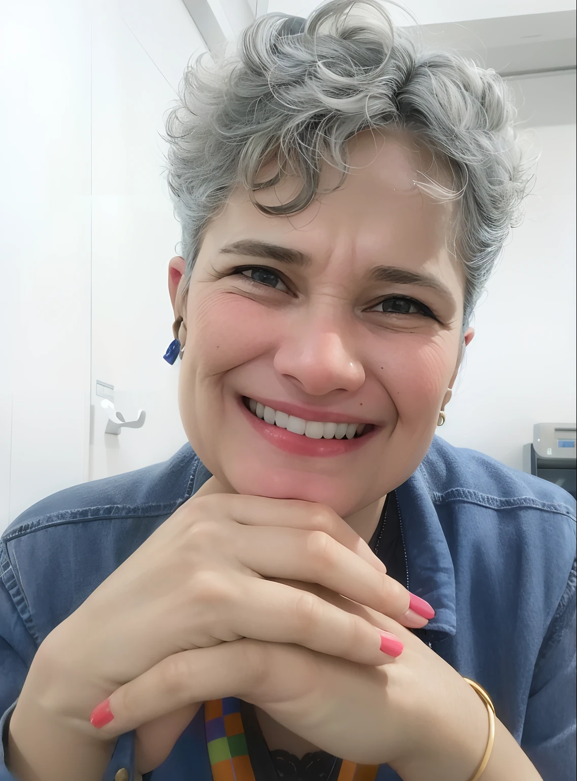 mulher sorridente com cabelos grisalhos e uma camisa azul com uma manicure rosa, cheeky smile with red lips, Directed by: Nandor Soldier, inspirado em Maria Helena Vieira da Silva, happily smiling at the camera, inspired by Antônio Parreiras, Malika Favre, Parece Fabiula Nascimento, sorrindo e olhando diretamente