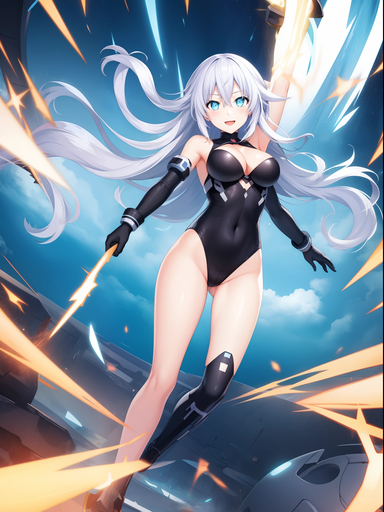 (masterpiece, best quality:1.2),illustration,8k,hd,1girl,solo,full body,bare shoulders,black heart,blue eyes,cleavage,gloves,leotard,medium breasts,neptune (series),power symbol,smile,symbol-shaped pupils,very long hair,white hair, spinning like a tornado, spread arms, tornado, superpower, rapid gyration