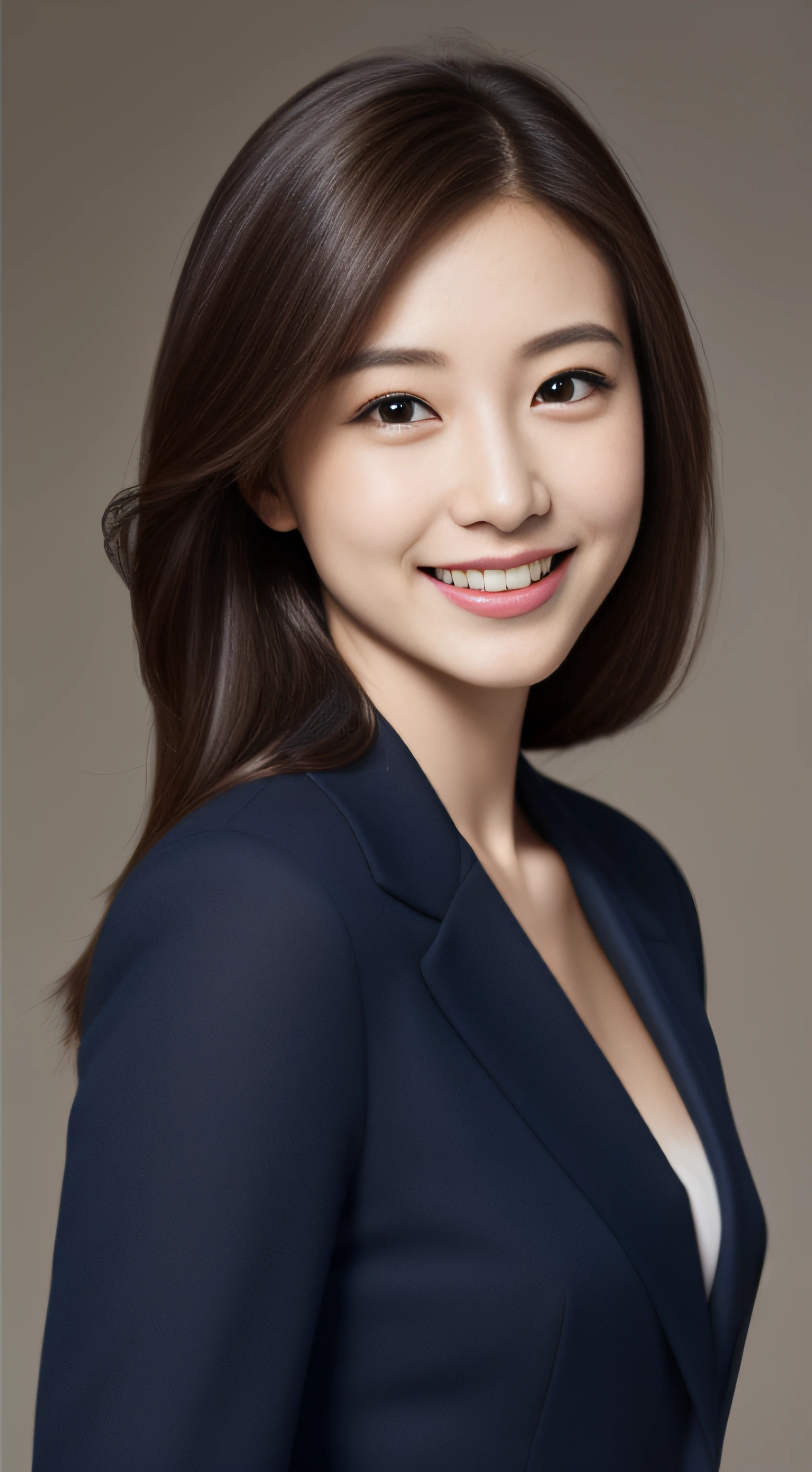 The face is a hostess、Navy Blue Business Jacket、hiquality、A hyper-realistic、healthy、Smiling expression、Slender perfect figure、Japan beauties、beautidful eyes、face perfect、Beautiful skin、The upper part of the body、portlate、The background is colorless