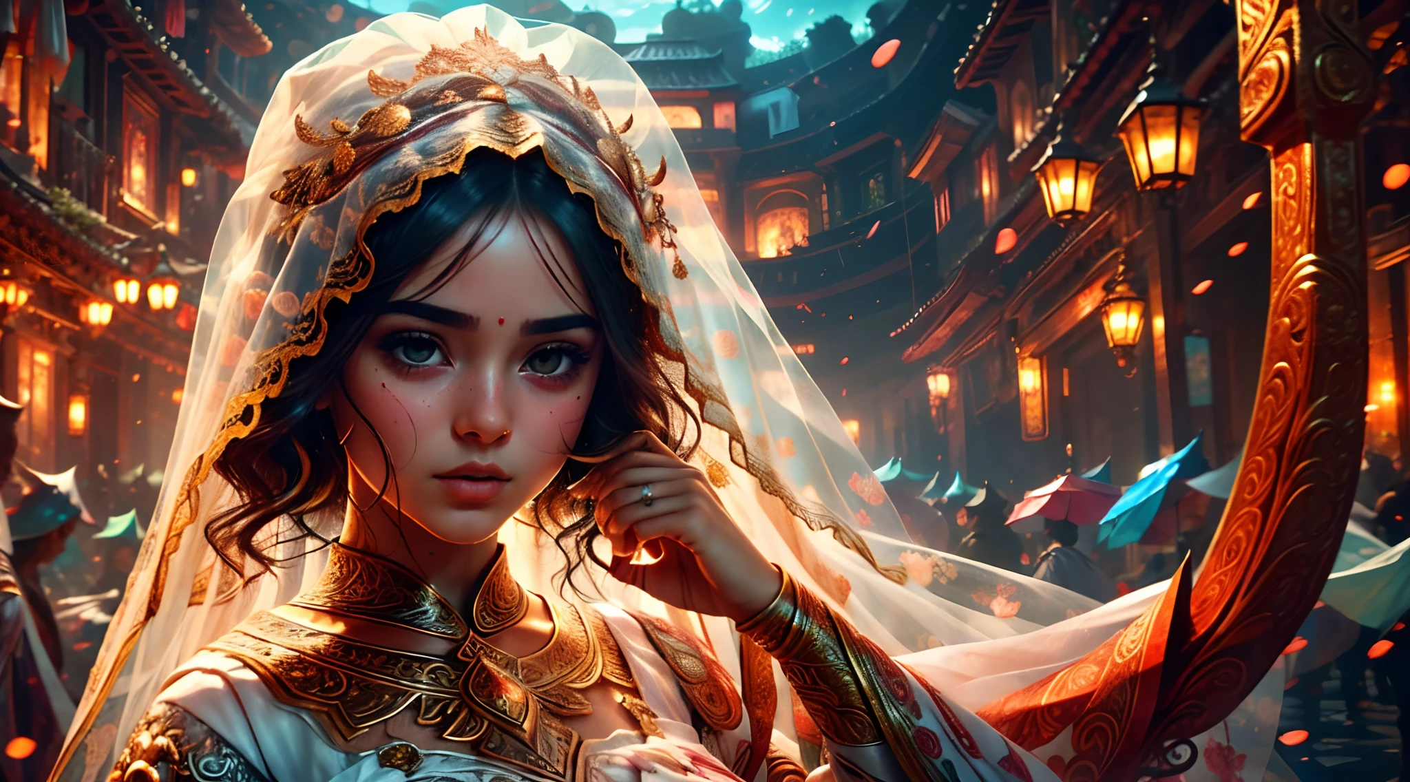 (best quality, Altas:1.2),ultra-detalhado,(Realistic:1.37),A little girl lifting her bridal veil with her hands,Close-up,olhos e rosto detalhados,beautiful detailed lips,long eyelashes,retrato,looking towards you,lace veil,vestido de noiva branco,Wedding Ring,bordados rendados delicados,vivid colors,soft lighting
