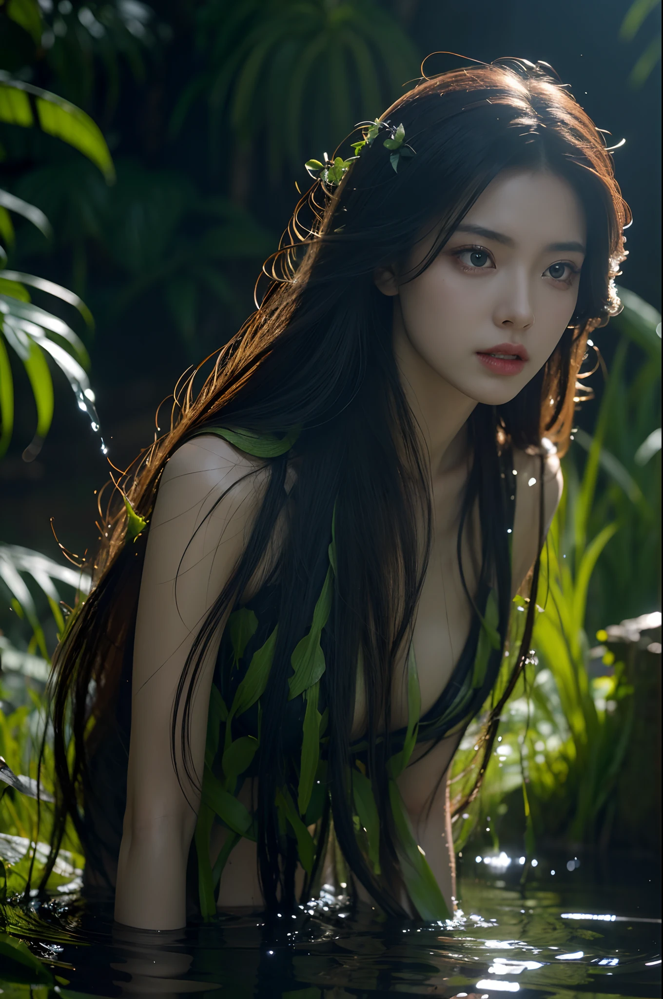 ZRPGSTYLE, From_side from_Beautiful scary woman making water below (Sad expression:1.2) woman with (Water long hair:1.2) Rising from the water Moss Smoke Vine Churning Water Firefly Midnight Moonlight Backlight (Masterpiece:1.2) (Best quality) (Detailed) (Intricate) (8K) (hdr) (the wallpaper) (Cinematic lighting) (Sharp focus)