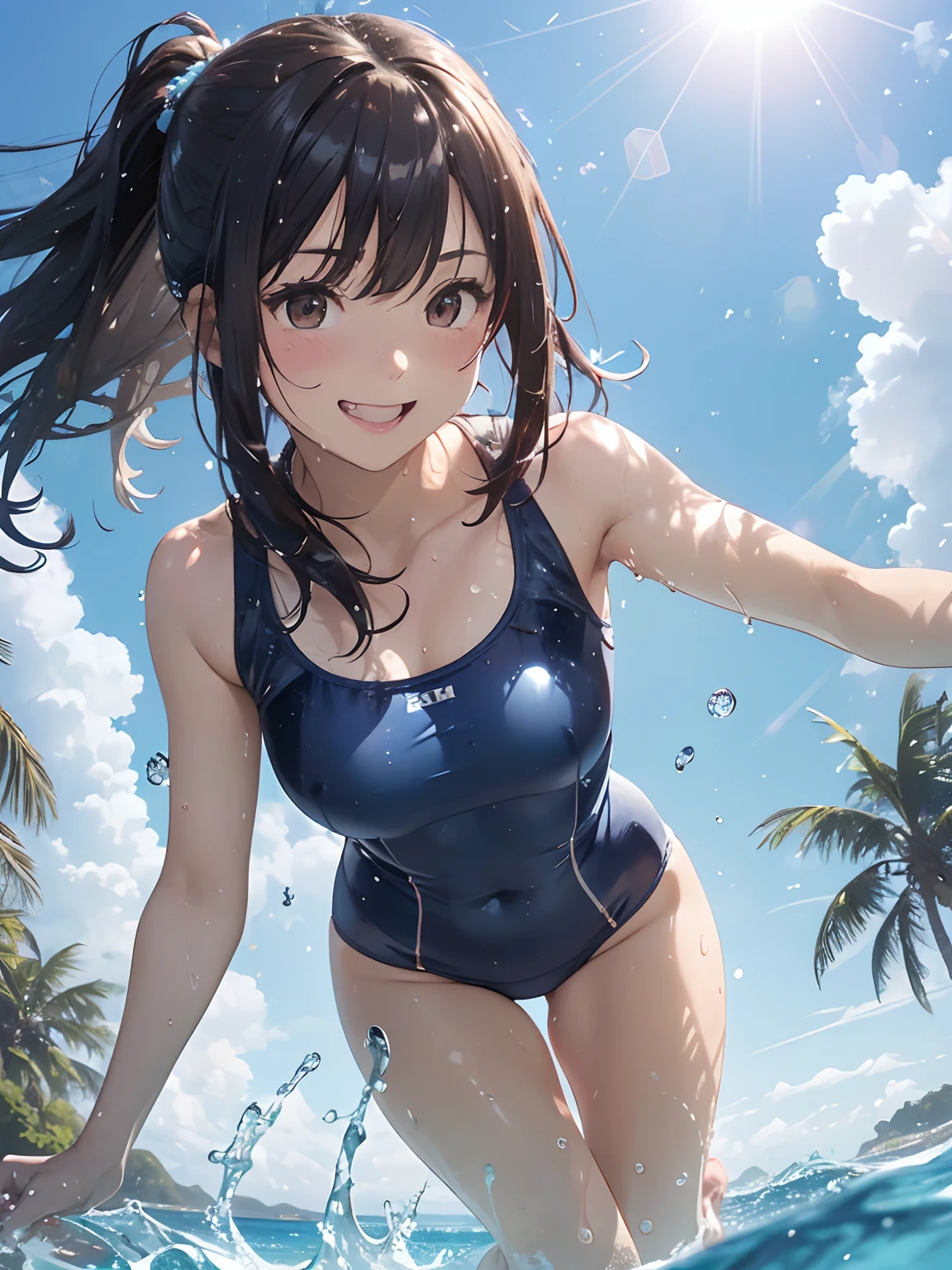(masutepiece:1.2), (Best Quality:1.2), hyper detailed illustration，beautiful artwork，(extremery detailed CG) ，(Unity)， (8K Wallpaper)、(top-quality)、(exquisite lighting and shadow)、(highly dramatic picture)、(cinematic lens effects)、 Waves in blue swimsuits, 1girl in, Swimsuit, Solo, (A big smile), Outdoors, Water, Open mouth, onepiece swimsuit, (Navy blue school swimsuit), skyporn, playing in the water, Looking at Viewer, (Brown eyes), Blue sky, day, Covered navel，Young ager girl on the beach， 1girl in, (School swim wear:1.3), Solo, onepiece swimsuit, (Long hair), Wet, breasts, Covered navel, Water, Black hair, (Big smile), Brown eyes, day, Small breasts, Bangs, Sunlight, Blue one-piece swimsuit，(Wet:1.2)，(Water splash:1.1)，(Open mouth:1.1)，(straggling hair:1.2)， Dramatic Horizon，(sunlight shining)，(The swimsuit is wet:1.2)，(Strong sunshine:1.1)，(Lens Flare:1.2)，(Sweat:1.3)，(light Particle:1.2)，(light glow:1.2)，(A big smile)，(On the beach)，(Brown eyes:1.1)，(Leaning forward)