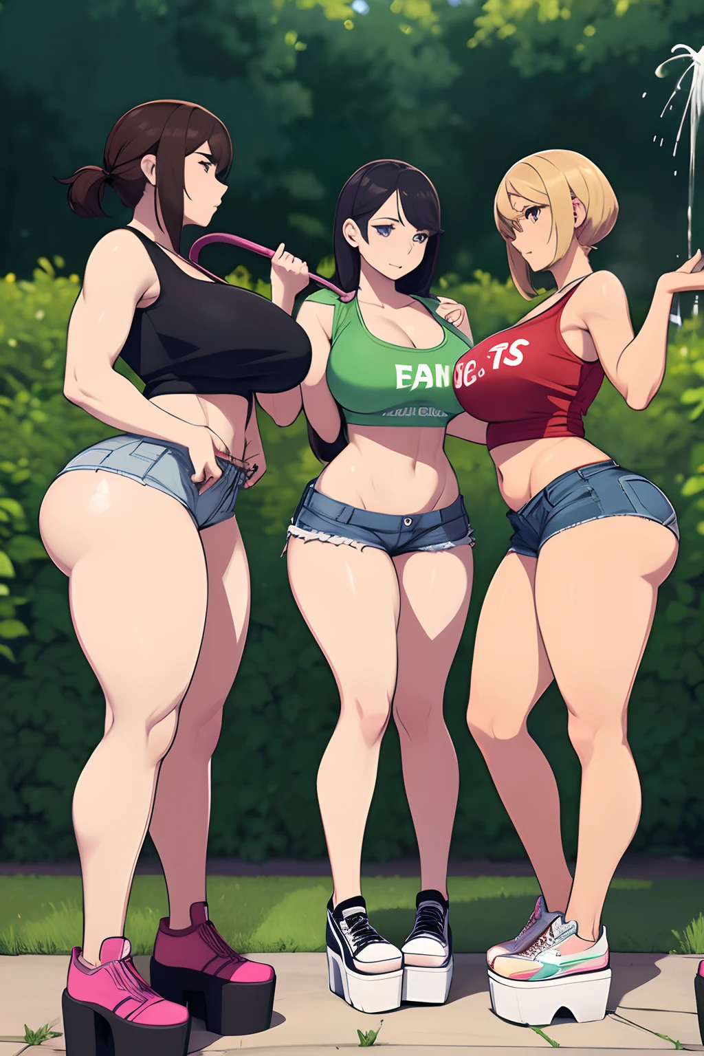 three very fit ladies spraying each other with garden hoses, soaked to the bone, each has perfect athletic yet curvy body with big asses and natural breasts, cut off t-shirts, very short daisy dukes, very tall closed toe platform shoes, drenched