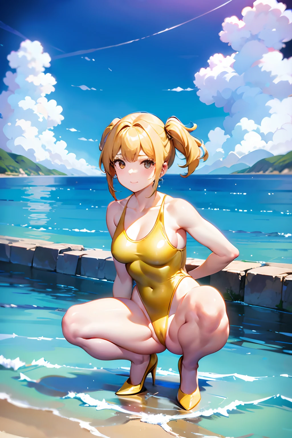 (A girl wearing only a basic swimsuit with gold lamé and pumps is squatting with her legs wide open to show her crotch:1.5)、(The shoulder area of the swimsuit is a tank top type without decoration)、(The waist of the swimsuit is a high-cut leotard type)、(Swimwear has a shiny texture)a blond a smile