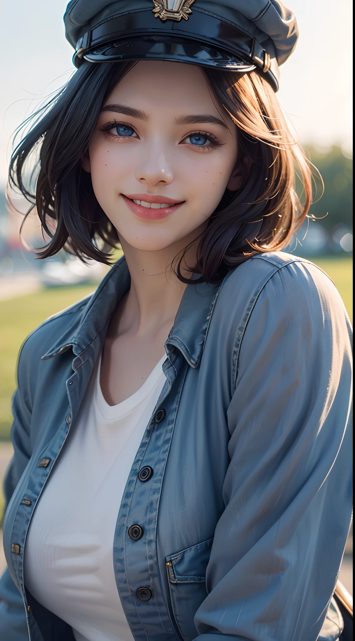 (best quality, 4k, 8k, high-res, masterpiece:1.2), ultra-detailed, (realistic, photorealistic, photo-realistic:1.37), (beautiful detailed eyes, beautiful detailed lips, extremely detailed eyes and face:1.5), (environmental lighting:1.5), physically-based rendering, vivid colors, (big tits, super big tits, super extra big tits), (casual cap:1.5), (natural smile:1.5), (bob cut, hair blowing in the wind, shiny hair, shiny skin), (park, blurred background:1.37),
