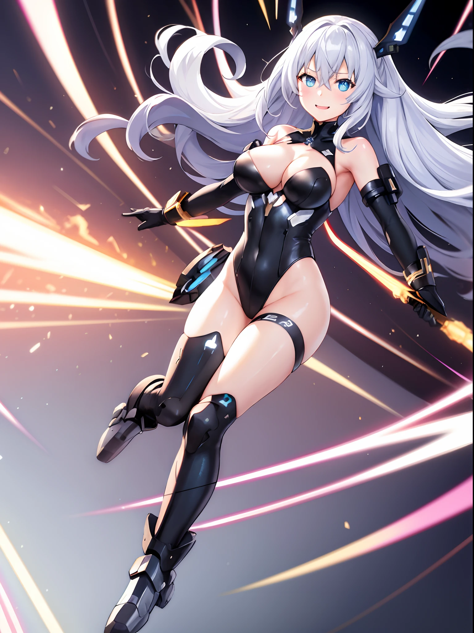 (masterpiece, best quality:1.2),illustration,8k,hd,1girl,solo,full body,bare shoulders,black heart,blue eyes,cleavage,gloves,leotard,medium breasts,neptune (series),power symbol,smile,symbol-shaped pupils,very long hair,white hair, spinning like a tornado, spread arms, tornado, superpower, rapid gyration, bare legs, boots