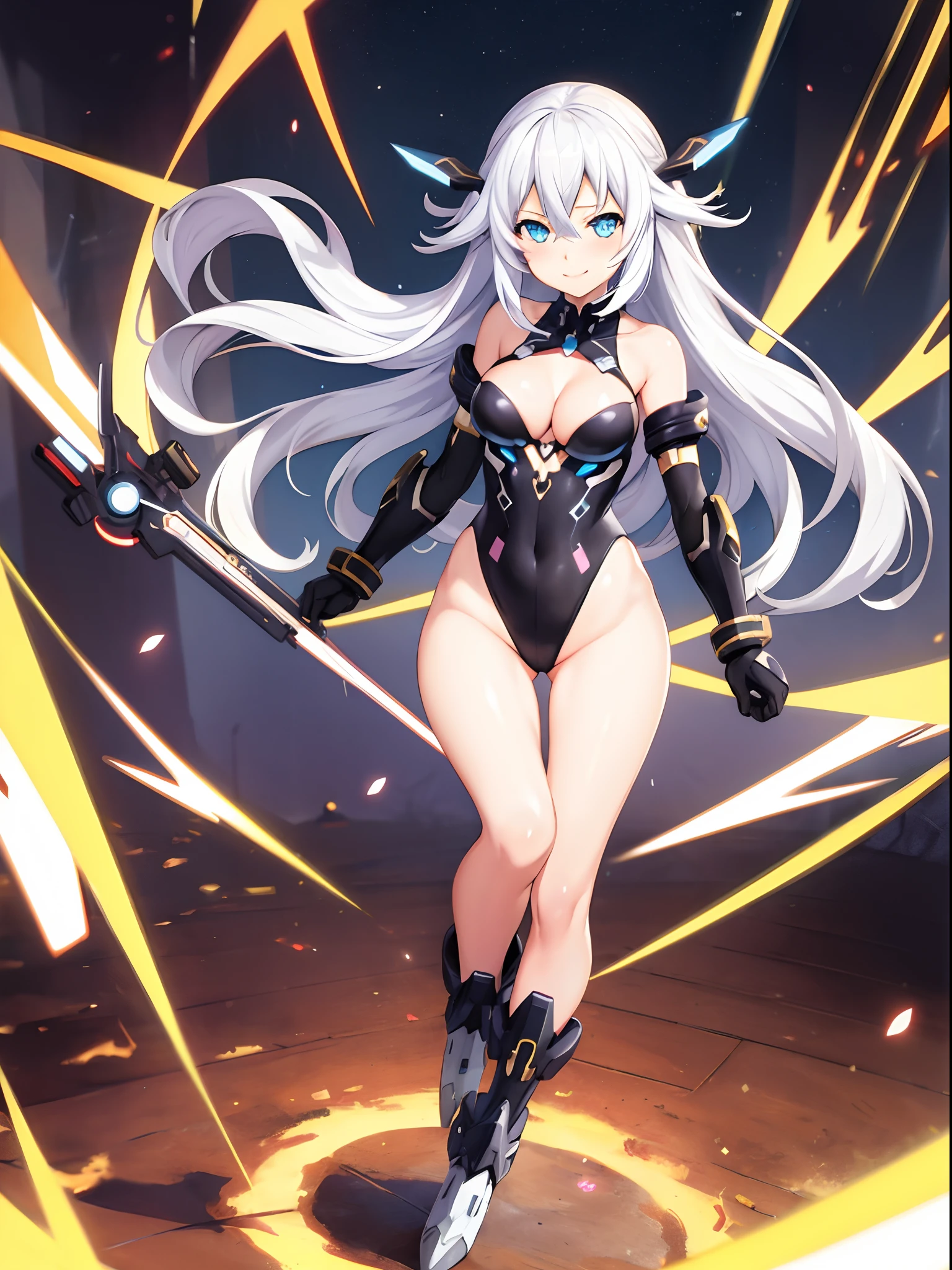 (masterpiece, best quality:1.2),illustration,8k,hd,1girl,solo,full body,bare shoulders,black heart,blue eyes,cleavage,gloves,leotard,medium breasts,neptune (series),power symbol,smile,symbol-shaped pupils,very long hair,white hair, spinning like a tornado, spread arms, tornado, superpower, rapid gyration, bare legs, boots