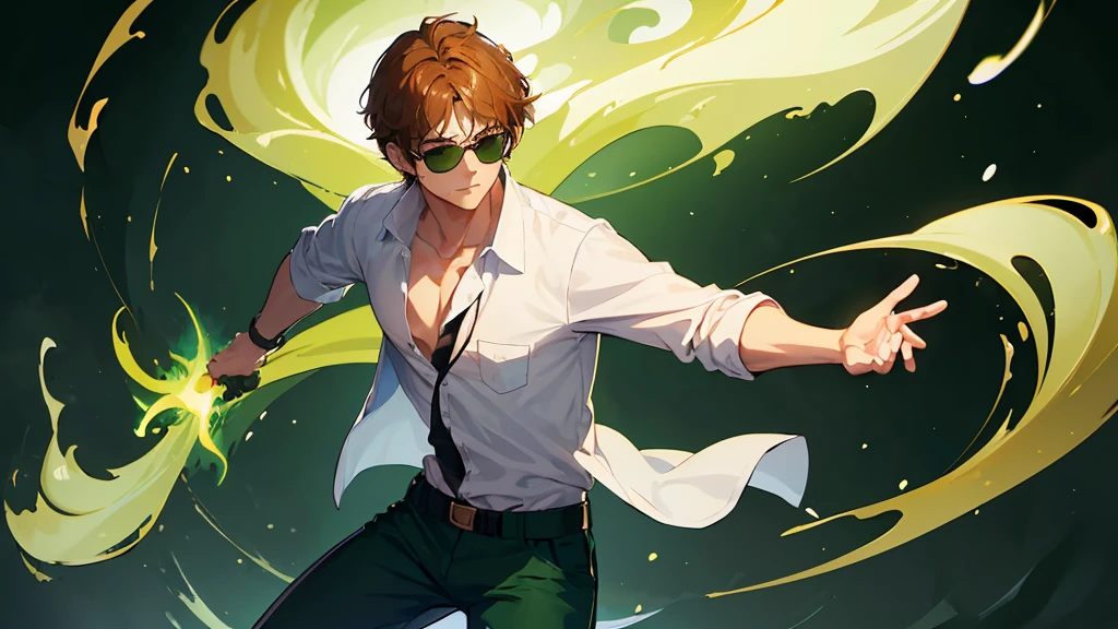 (One guy:1.4)、ember、well-muscled、Lunette de soleil、sunglasses on、short-haired、Green Jeans Trousers、white shirt、(Unbuttoned shirt:1.3)、Brown hair、(Facing this way)、foot out of frame、Fighting、(green glows:1.3)、Green Flame、Holding a green flame in your hand、(Dynamic Pose)、(black backgrounds:1.3)