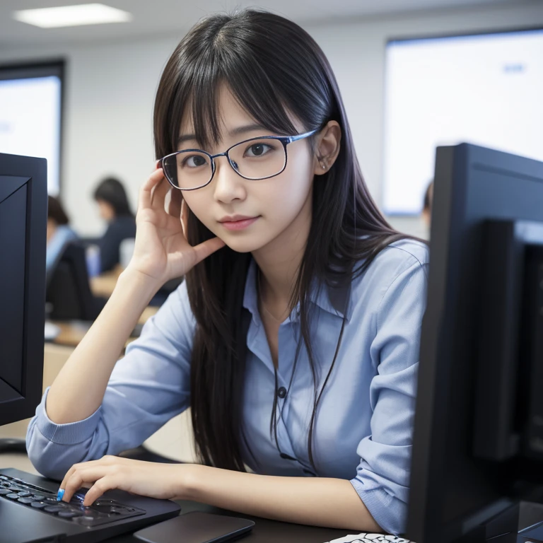 femele、Woman at work、personal computers、eye glass