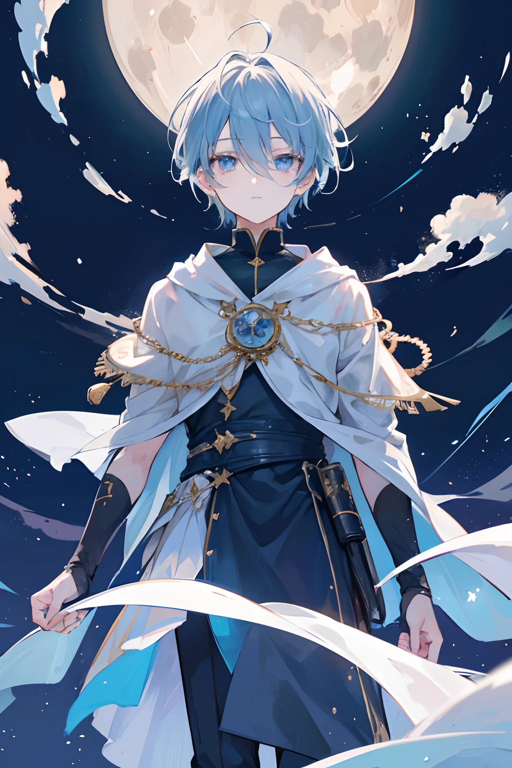 Create an illustration of a boy gazing up at the full moon in a fantastical night sky. Though the boy's expression is neutral, his eyes reflect a sense of awe and admiration for the moon's beauty. The moon, suspended in the magical night sky, radiates an enchanting glow that illuminates the surrounding clouds and stars. The entire illustration should evoke a dreamlike and otherworldly atmosphere, transporting viewers to a realm where the beauty of the night is celebrated. The neutral expression on the boy's face allows viewers to project their own emotions onto the scene, creating a personal and immersive connection with the enchanting night