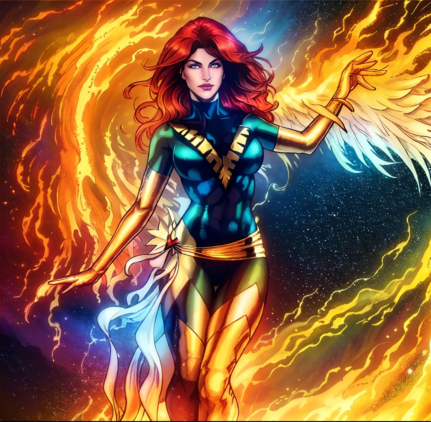 (best quality,4k,8k,highres,masterpiece:1.2),ultra-detailed,(realistic,photorealistic,photo-realistic:1.37),phoenix,burning flames,majestic,wings spread wide,golden feathers,fiery red and orange colors,dramatic lighting,mythical creature,flying in a dark sky,mysterious and powerful,unique and intricate plumage,glowing eyes,symbol of rebirth and resurrection,legendary bird,emerging from ashes,mythical beast,serene and graceful,transformation,powerful and majestic presence,mythology and folklore.