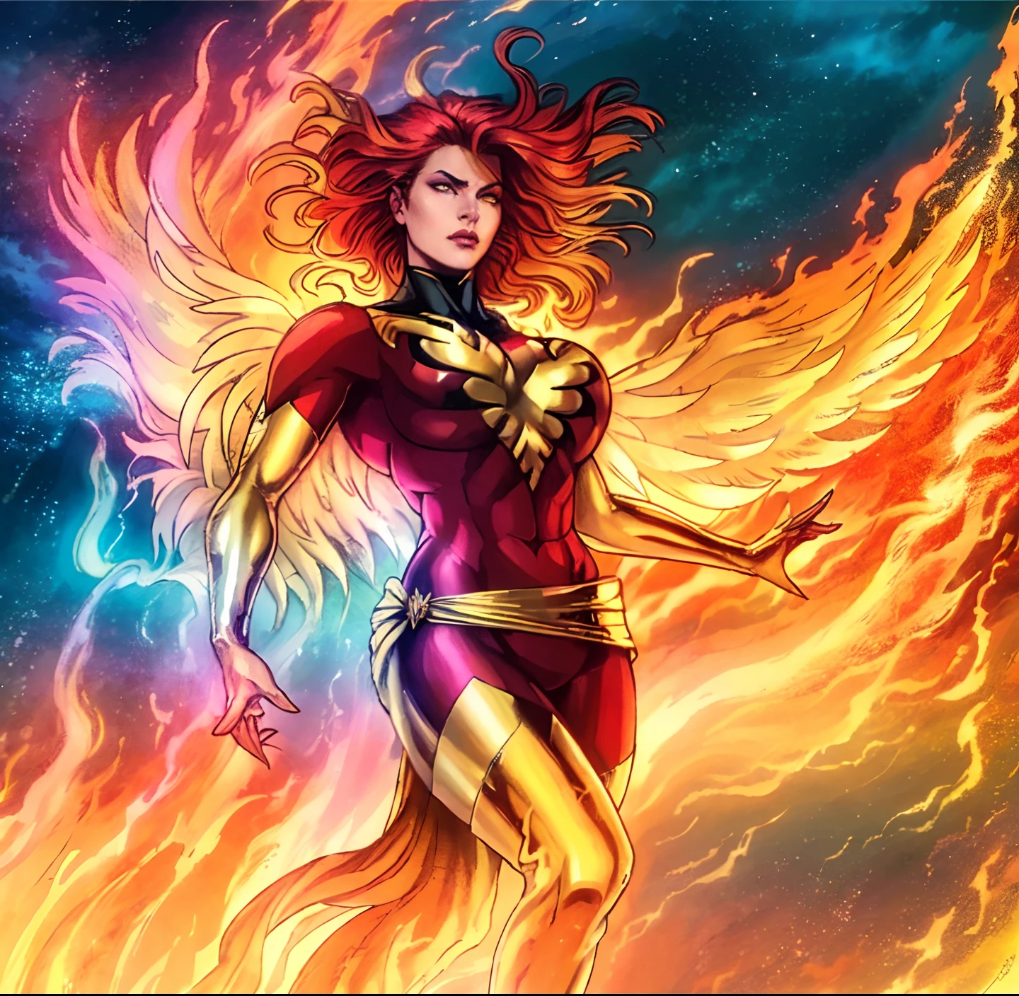 (best quality,4k,8k,highres,masterpiece:1.2),ultra-detailed,(realistic,photorealistic,photo-realistic:1.37),phoenix,burning flames,majestic,wings spread wide,golden feathers,fiery red and orange colors,dramatic lighting,mythical creature,flying in a dark sky,mysterious and powerful,unique and intricate plumage,glowing eyes,symbol of rebirth and resurrection,legendary bird,emerging from ashes,mythical beast,serene and graceful,transformation,powerful and majestic presence,mythology and folklore.