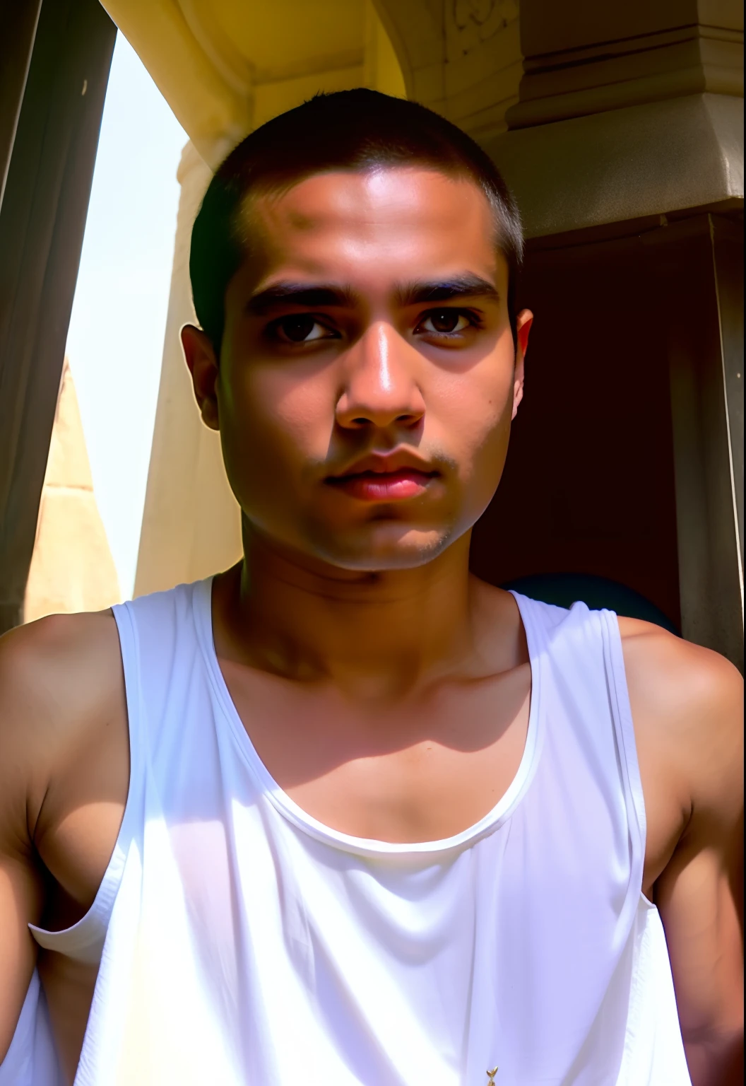 there is a young deity in a white tank top , robes jewelry, god of trickery, armlets, around 19 years old.