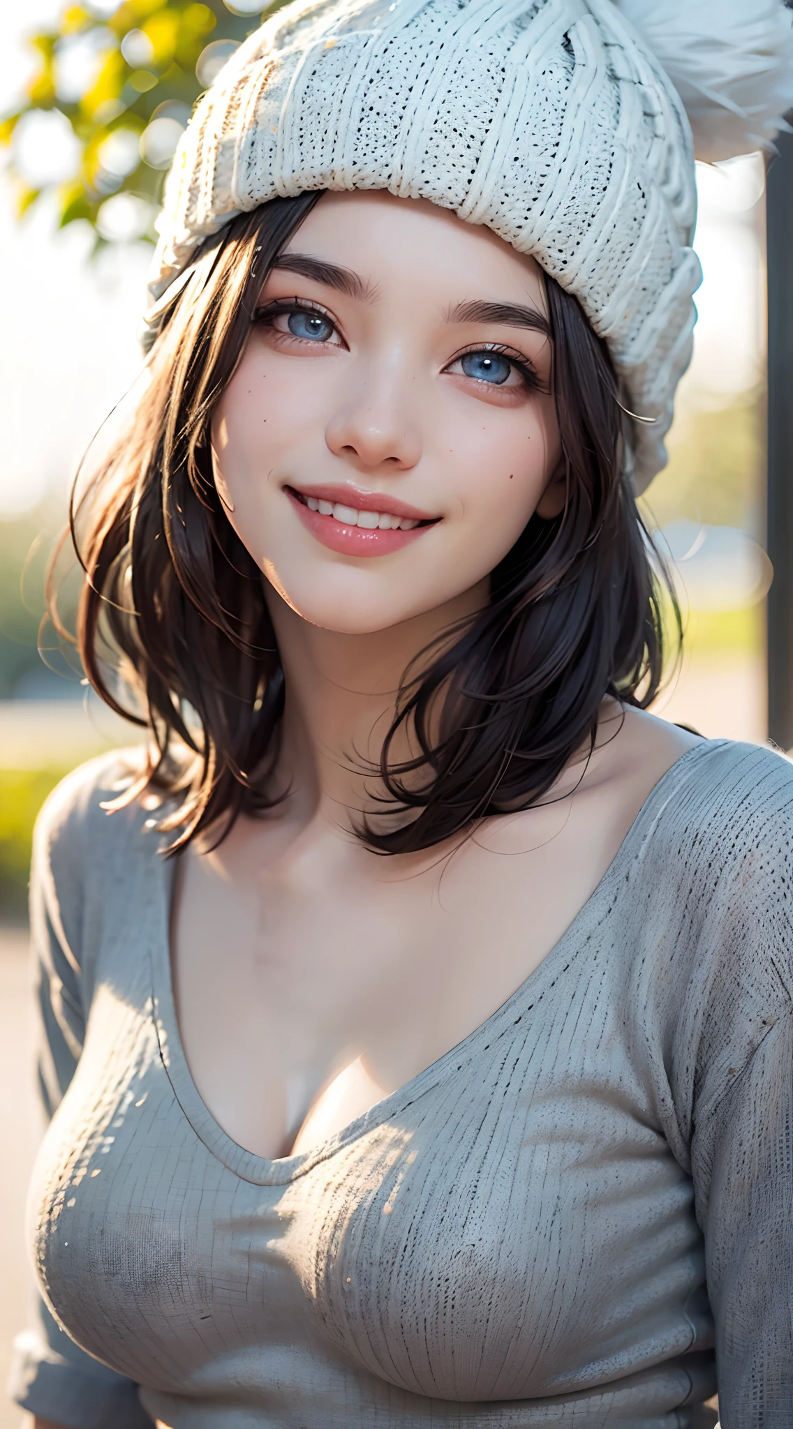 (best quality, 4k, 8k, high-res, masterpiece:1.2), ultra-detailed, (realistic, photorealistic, photo-realistic:1.37), (beautiful detailed eyes, beautiful detailed lips, extremely detailed eyes and face:1.5), (environmental lighting:1.5), physically-based rendering, vivid colors, (big tits, super big tits, super extra big tits), (beanie hat:1.5), (natural smile:1.5), (bob cut, hair blowing in the wind, shiny hair, shiny skin), (park, blurred background:1.37),