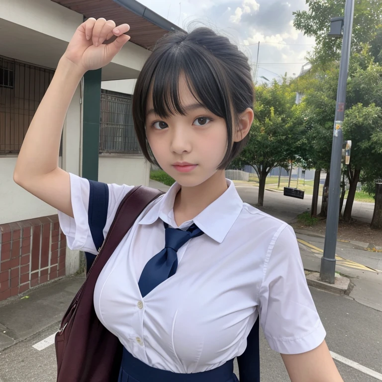 1 girl in、short-hair、kawaii、School Uniforms、D Cup Breasts、8K、Top image quality、a picture、summer clothing、skirt by the、Photo of the upper body from the thigh、School Library、