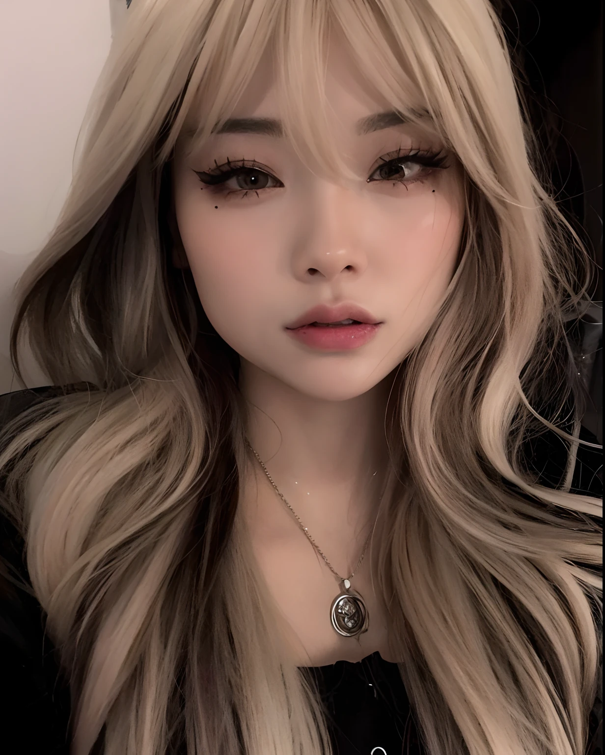 um Close up de uma mulher com longos cabelos loiros e um colar, linda Delphine, Inspirado em anime, Janice cantou, China cara de boneca, portrait of japanese gyaru, Lalisa Manobal, detailed face of a asian girl, Asian face, cruel korean goth girl, Shikami, anime vibes, Cl, cara ahegao, Retrato de Kim Petras