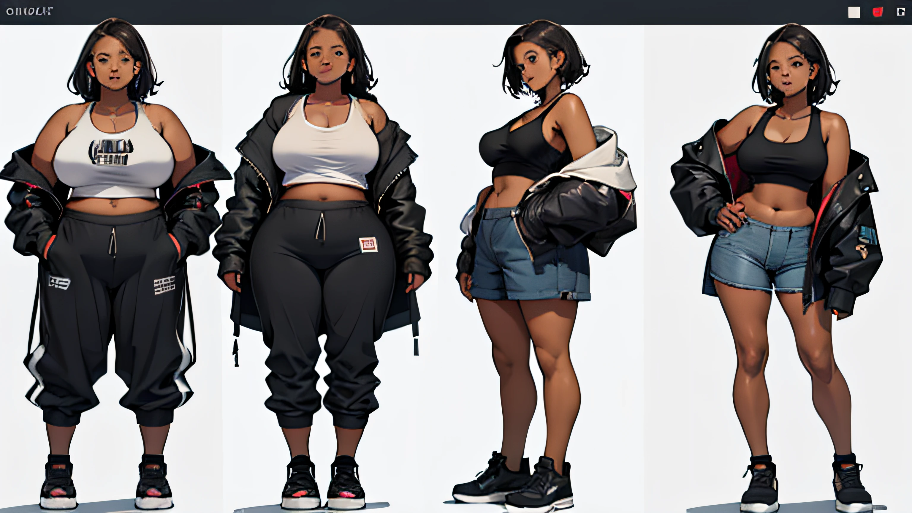 clothing design. black woman. fat. chubby. small breast. tank top. baggy crop top. jacket. comfy cloths. full body