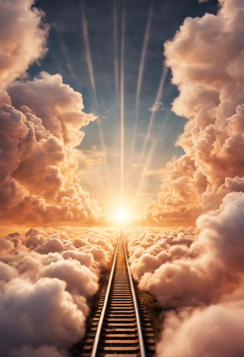 Heavenly train emerges from a cluster of clouds, runs through the sky on celestial rails, the sky is around the train, sunlight streams through the clouds, the ground is not visible, warm tones, soft colors