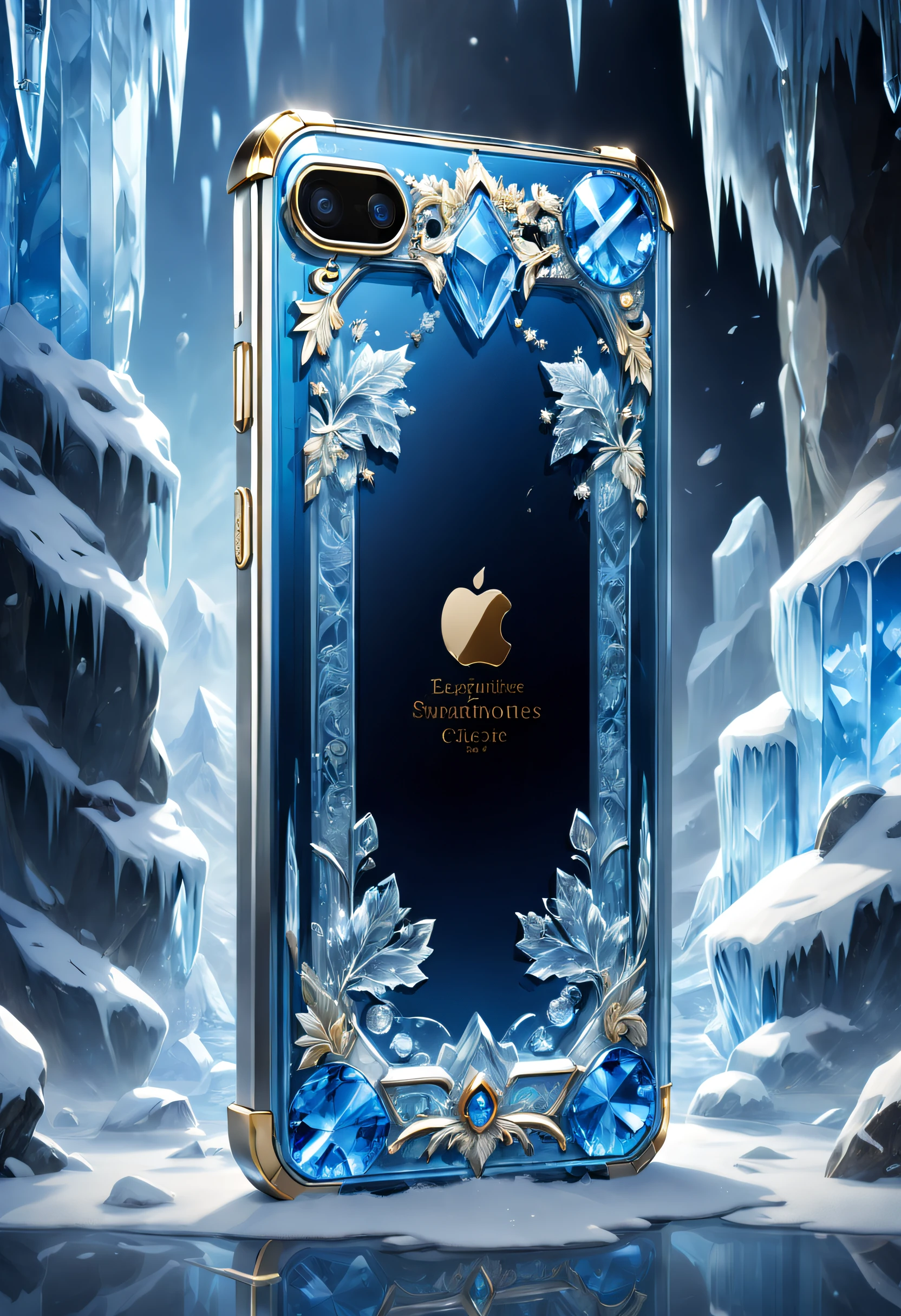 Tips generated for the theme "A smartphone installed inside a crystal" "A smartphone made of transparent blue crystal, Exquisite craftsmanship, Legendary smartphones, intricately details, Ancient characters are engraved inside smartphones: (Best quality, 、Crystal clear, Gold and silver, Trapped in a world of ice and snow)"
Please note,Tips include the main topic, material, Additional Detail, Image quality, Art style, shades, and the lighting mentioned in the format requirements.