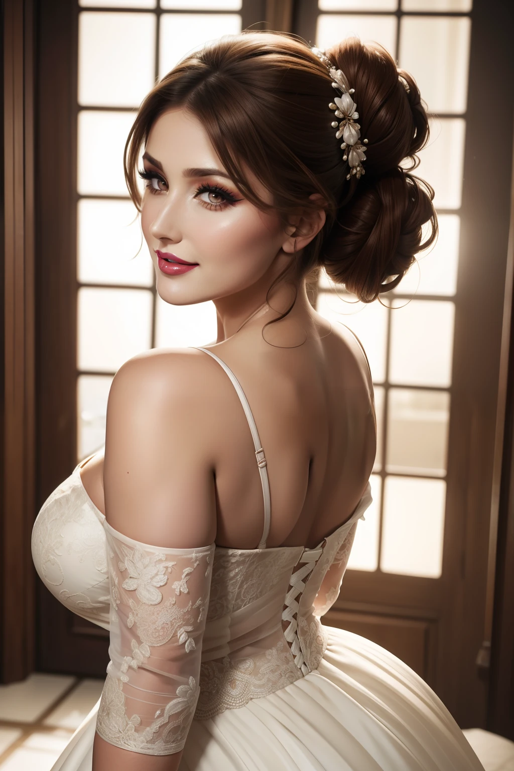 Lucy Pinder, face portrait, ((Very Intense Makeup)), ((Bright Lipstick)), smiling, long hair, brown hair, hair tied in chignon, Voluptuous Woman, off-shoulder dress, wedding dress, neckline, back , beautiful buttocks