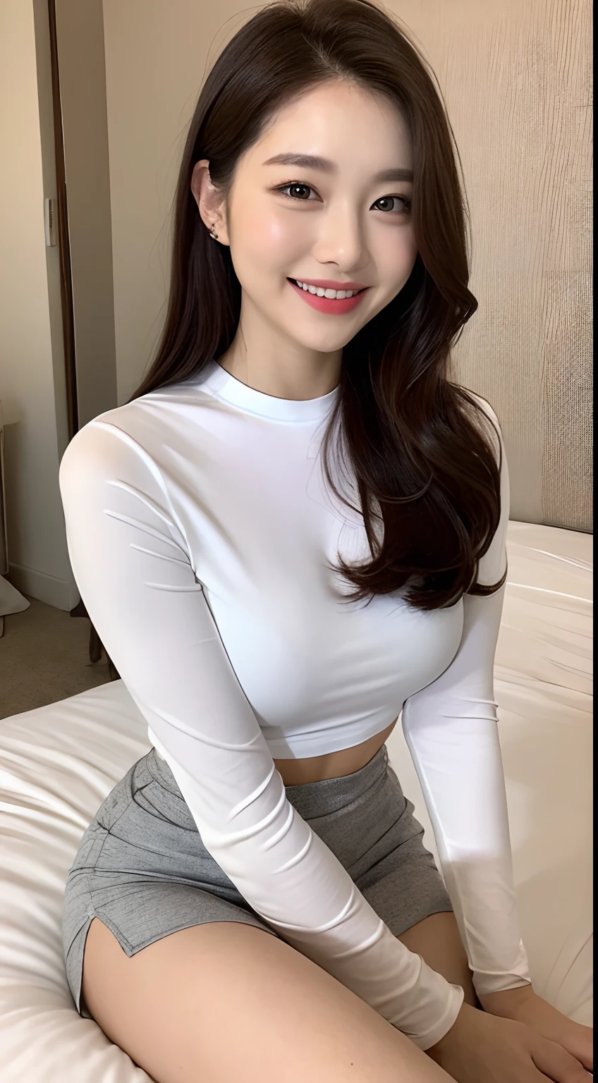 White tight shirt、White tight mini skirt、a bed、a smile、shortsleeves、high-level image quality