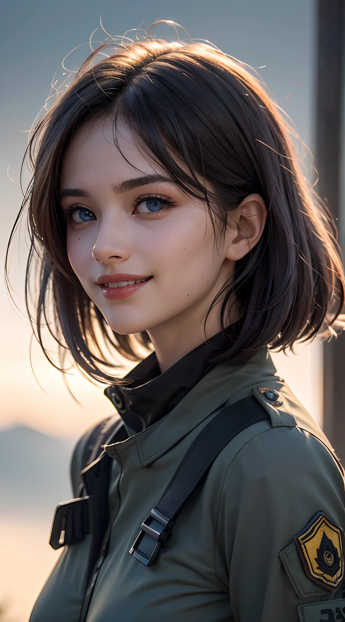 (best quality,4k,8k,highres,masterpiece:1.2), ultra-detailed, (realistic,photorealistic,photo-realistic:1.37), (beautiful detailed eyes, beautiful detailed lips, extremely detailed eyes and face), studio lighting, physically-based rendering,vivid colors, (big tits, super big tits, super extra big tits:0.8), (military operator:1.5), (soft lighting:0.8), (portrait, smile and laugh:1.5),