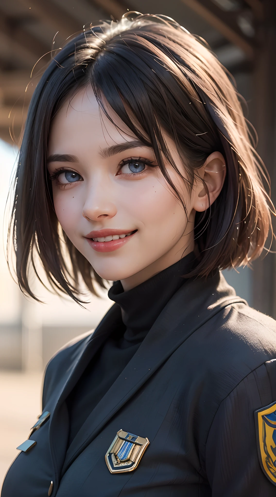 (best quality, 4k, 8k, high-res, masterpiece:1.2), ultra-detailed, (realistic, photorealistic, photo-realistic:1.37), (beautiful detailed eyes, beautiful detailed lips, extremely detailed eyes and face:1.5), (environmental lighting:1.5), physically-based rendering, vivid colors, (big tits, super big tits, super extra big tits), (special forces uniform:1.5), (natural smile:1.5), (bob cut, hair blowing in the wind, shiny hair, shiny skin),