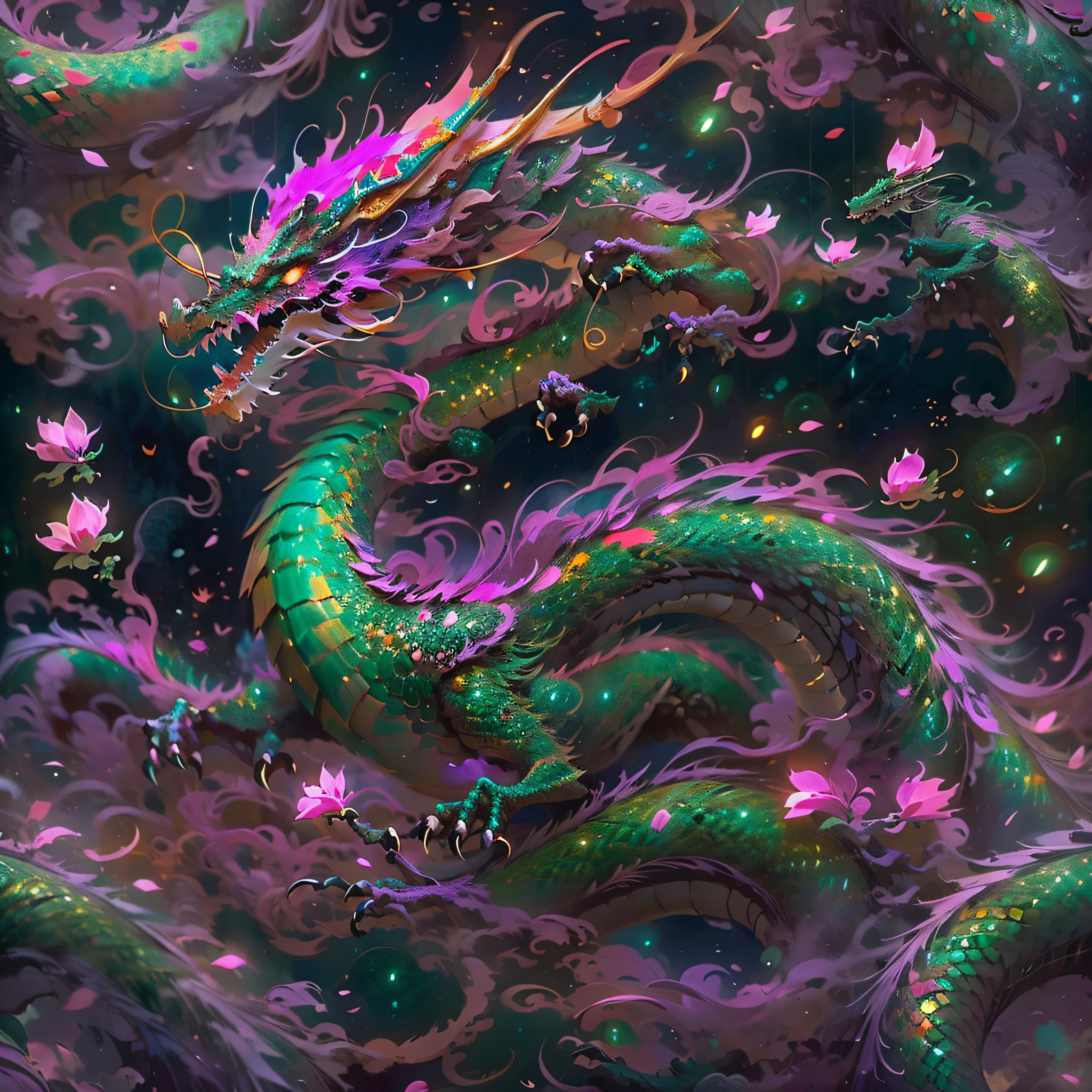 (Realistic,Ultra-detailed:1.37) In the starry night sky, Wooden dragon soars gracefully, Its emerald scales shimmer in the moonlight. Sakura petals dancing and hovering around, Creating a surreal atmosphere. A dragon moves across the sky, Its wings gracefully cut through the night air. The intricate and delicate details of the wooden structure of the dragon are emphasized, Capture Every Curve and Line. The colors are bright and vibrant, with rich emerald shades of dragon, contrasting with the darkness, Star-studded sky. The artist's attention to detail is striking, Each scale is meticulously crafted, to create a realistic texture. The scene exudes a sense of magic and wonder, It's as if the dragon and the night sky exist in their own magical world.