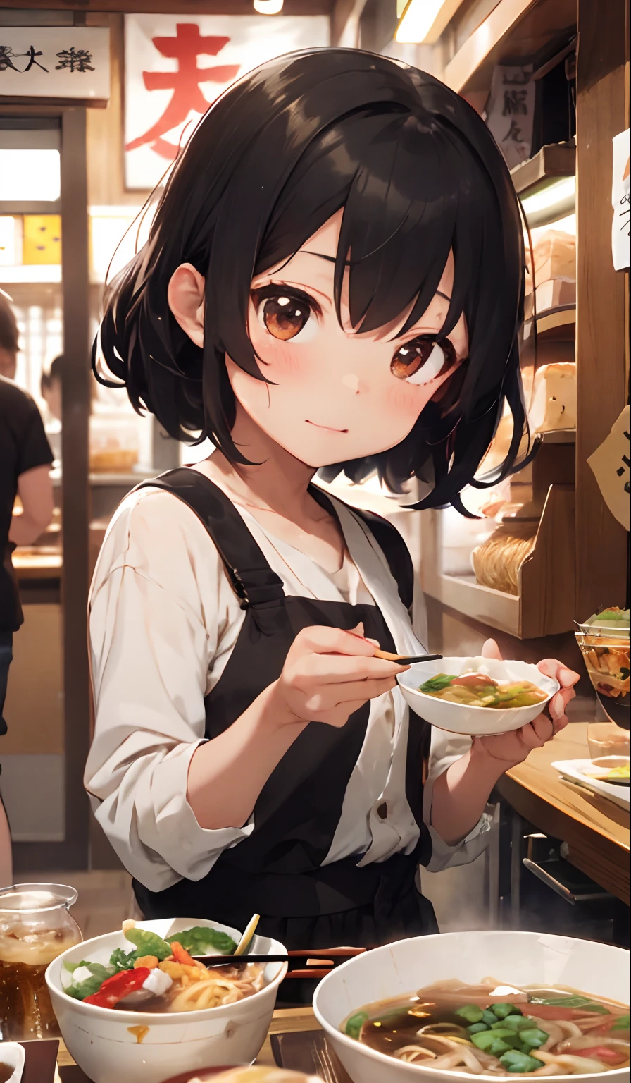 {Holding chopsticks}{ramen} ,{girl1},emotive{mouth-watering},Thin noodles, 4K picture quality, cinematic quality,Ramen shop,{ars old girl},{tiny body},{Gamine} white hair,cute little,
