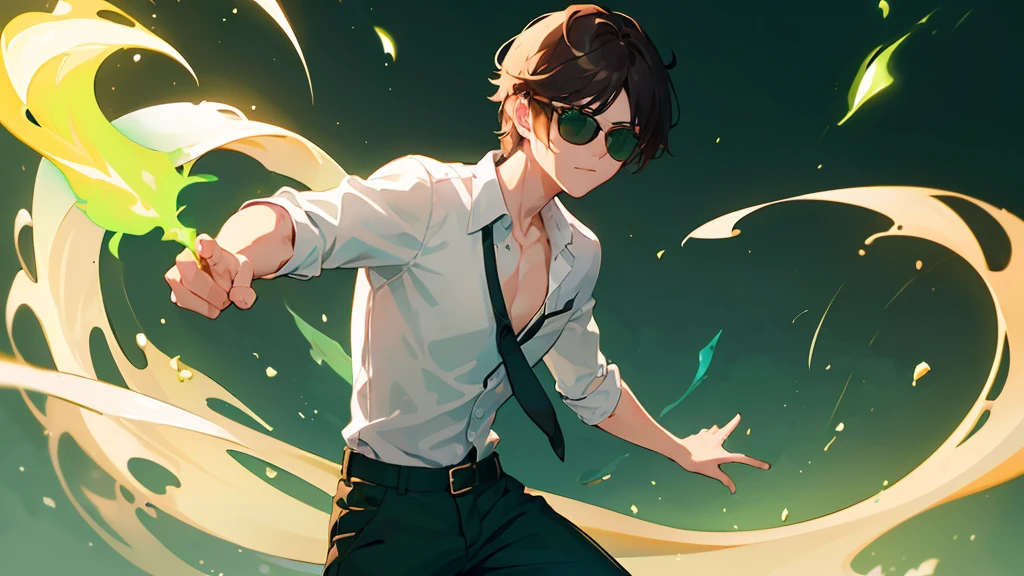 (One guy：1.4)、ember、well-muscled、Lunette de soleil、sunglasses on、short-haired、Green Jeans Trousers、white  shirt、(Unbuttoned shirt:1.3)、Brown hair、(Facing this way)、foot out of frame、Fighting、(green glows：1.3)、Green Flame、Holding a green flame in your hand、(Dynamic Pose)、(black backgrounds:1.3)