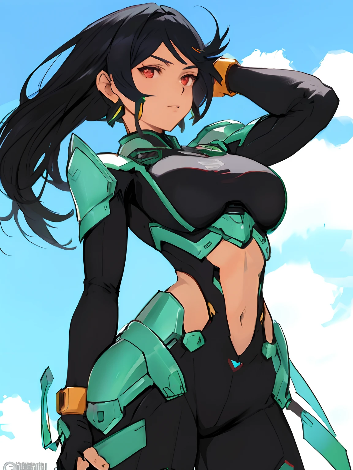 um close up de uma mulher com uma roupa preta e verde, ((rosto perfeito e detalhado)), cyber armor, Anime Garota do Futuro,  anime, android heroine, knights of zodiac girl, mulher perfeita do anime, cyberpunk menina mech, Senna de League of Legends, menina androfeita, Krenz Cushart e Artgerm, Arasaka Mech |