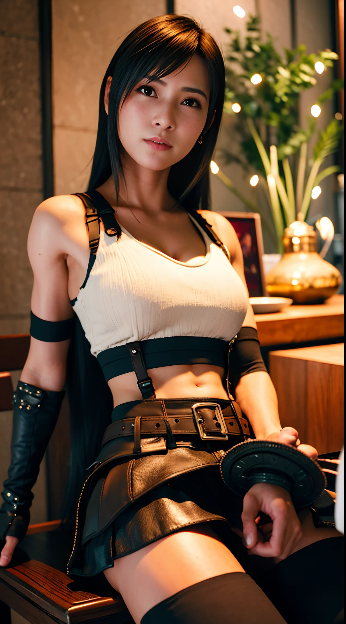 (8K, Best quality, Masterpiece:1.2), (Realistic, photo-realistic:1.37), Ultra-detailed, 《Final Fantasy VII Remake》Detailed portrait of Zhongtifa Lockhart,Sit in a fine café in the middle of the cityscape on a date, Looks cute and alone,There are beautiful details of eyes and nose blush. She wears an elbow pad, Ankle boots, a black skirt, black thigh highs, and red boots, Together with elbow gloves, elbow pads, and fingerless gloves. Her outfits include sports bras, suspender skirt, thigh high, and white vests. Her entire body can be seen,Her head rested on her hand, Show off her pretty face, low-tied long hair, and lips. The scene is illuminated by professional lighting, フォトンマッピング, and radiosity, Tetsuya Nomura style and network futuristic feel. The background features yellow flowers and bokeh effects. Tifa smiled slightly,Closed his mouth.