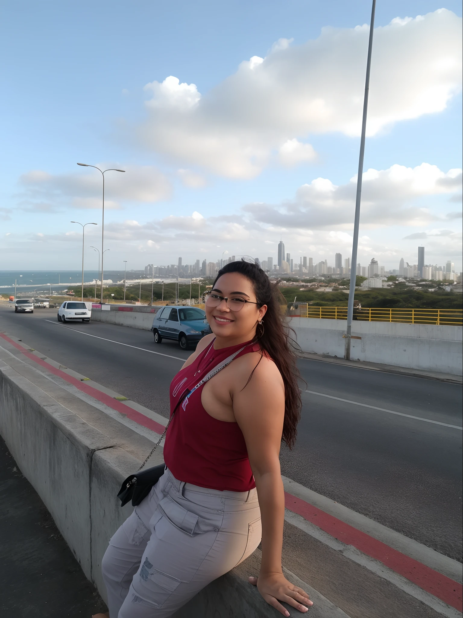 There's a woman standing on a concrete wall next to a highway, com uma cidade em segundo plano, Cidade em segundo plano, cidade em segundo plano, O oceano ao fundo, in front of a sci fi cityscape, paradise in the background, em frente a uma cidade arruinada, em frente a uma cidade de fantasia, Directed by: Nandor Soldier