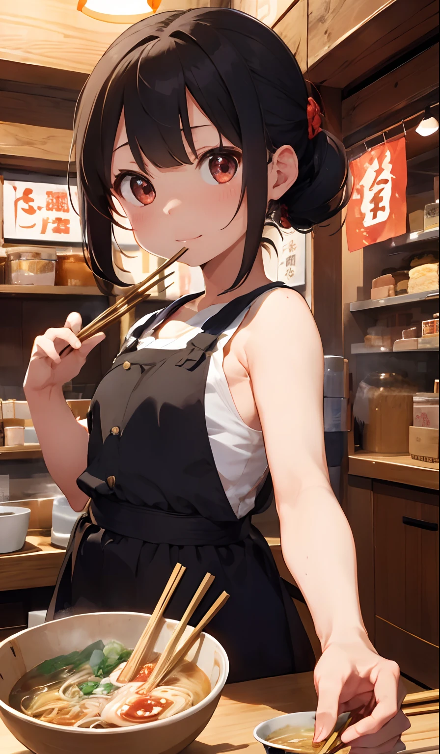 {Holding chopsticks}{ramen},{garments,sleeveless,}{girl1}{mouth-watering},Thin noodles, 4K picture quality, cinematic quality,Ramen shop,{10ars old girl},{tiny body},{Gamine} Red-haired,cute little,